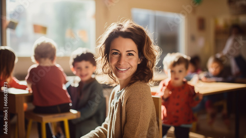 portrait of a kind female Montessori kindergarten teacher in a kindergarten with children, slight smile, candid photo