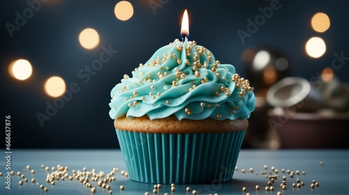 Birthday cupcake with a candle on a light blue. Generative AI.