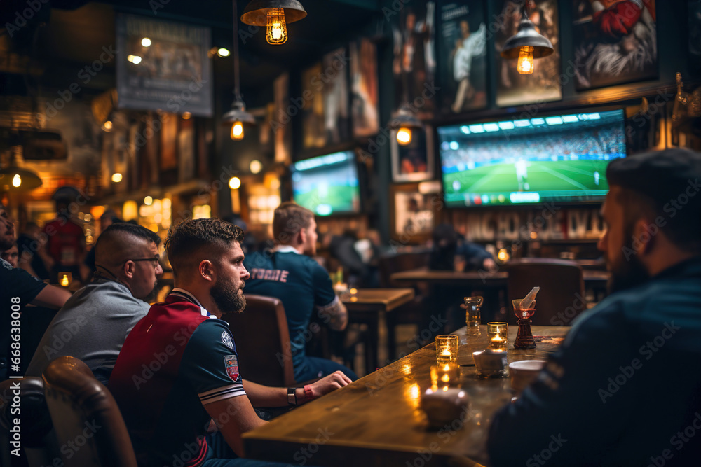 A group of friends sitting at a table in a bar and watching football on big screen. - obrazy, fototapety, plakaty 