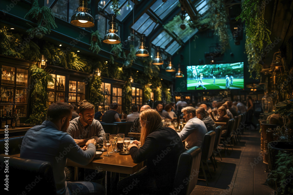 A group of friends sitting at a table in a bar and watching football on big screen. A group of friends sitting at a table in a bar and watching football on big screen.