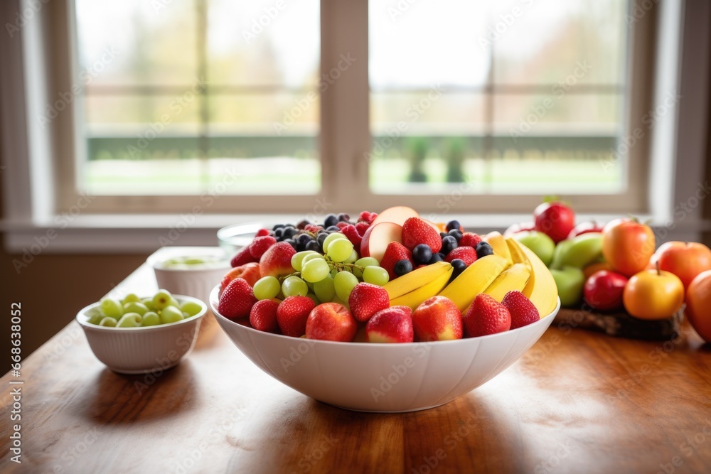 large bowl of fresh fruit on a kitchen table large bowl of fresh fruit on a kitchen table