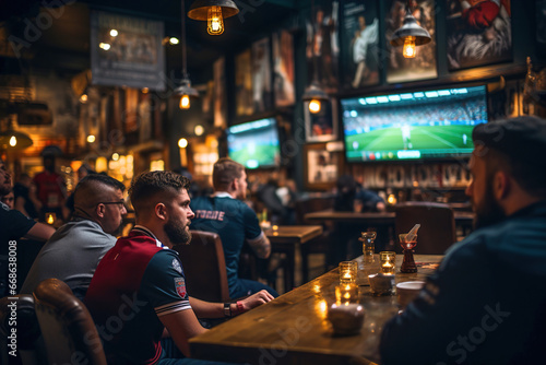 A group of friends sitting at a table in a bar and watching football on big screen.