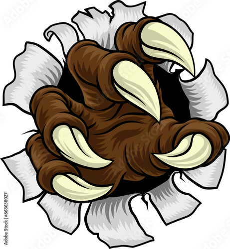 A monster or dinosaur claw, eagle dragon animal hand ripping and tearing through the metal or paper background
