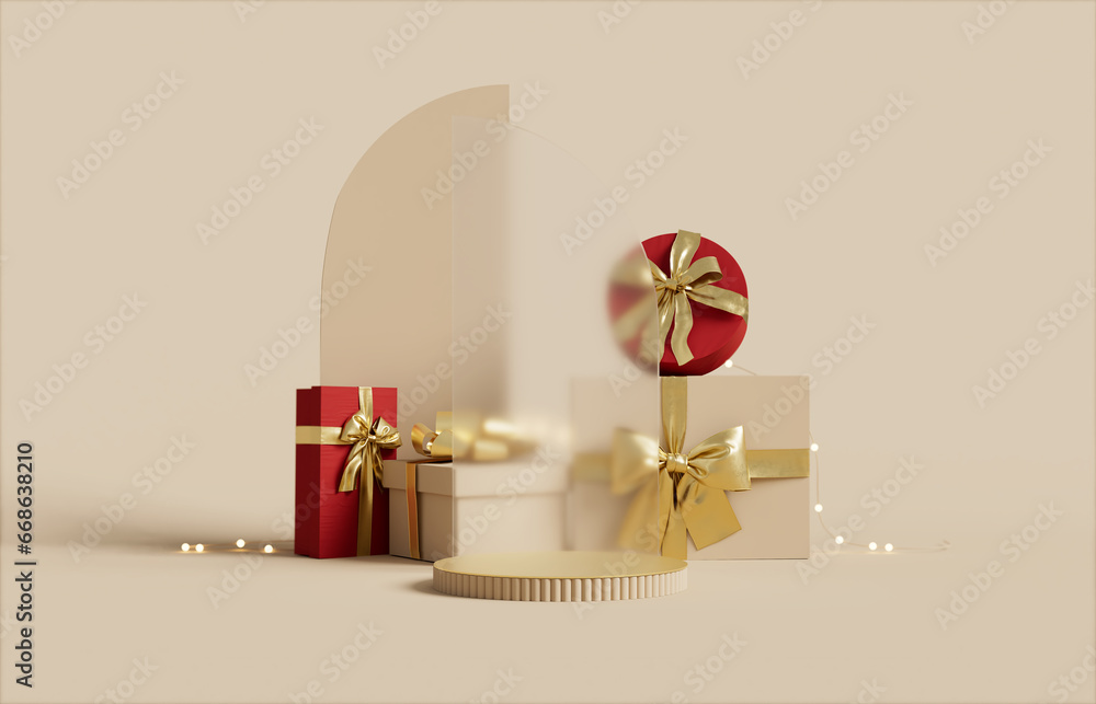 3D podium display. Beige background with gift box showcase for beauty ...