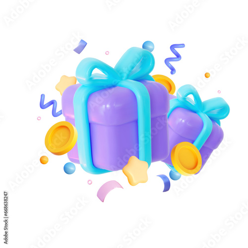 3D gift box with confetti and coins. With bright creative design. Cartoon style. For New Year, birthdays, parties and children's events. 3D vector illustration.  