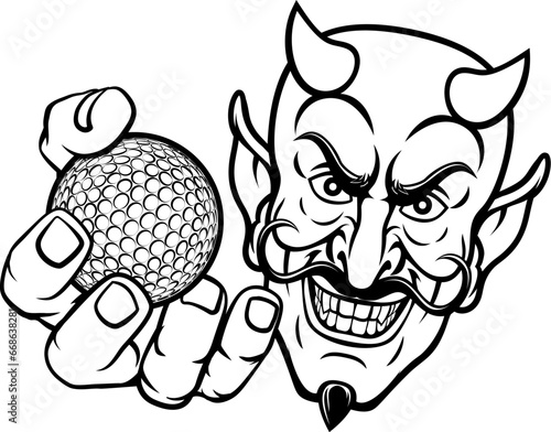 A devil or satan golf sports mascot cartoon character holding a ball