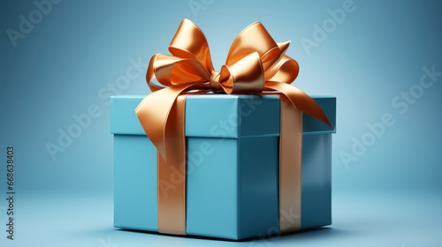 Blue gift box with a blue ribbon on white back. Generative AI.