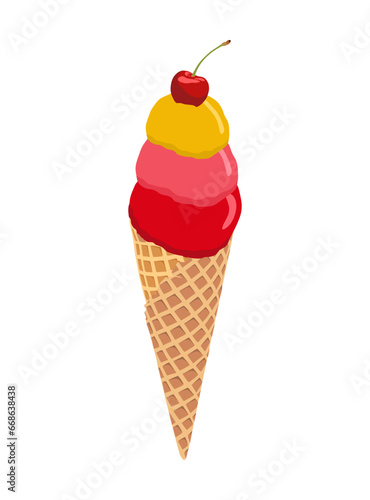 Cute ice cream cone cartoon illustration. Flat design with cherry. Isolated on white background. Scoops of ice cream