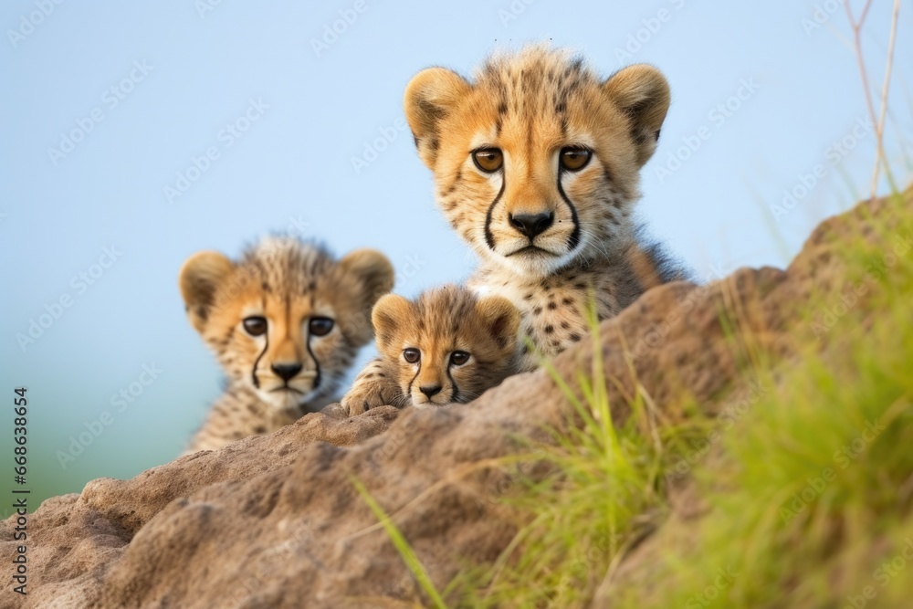 cheetah mother watching over its cubs on a savannah cheetah mother watching over its cubs on a savannah