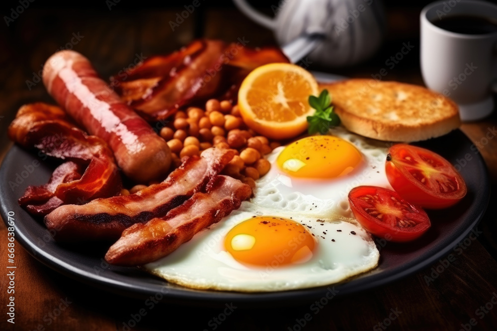 Traditional full English breakfast with fried eggs, sausages, beans and bacon on the table close up Traditional full English breakfast with fried eggs, sausages, beans and bacon on the table close up