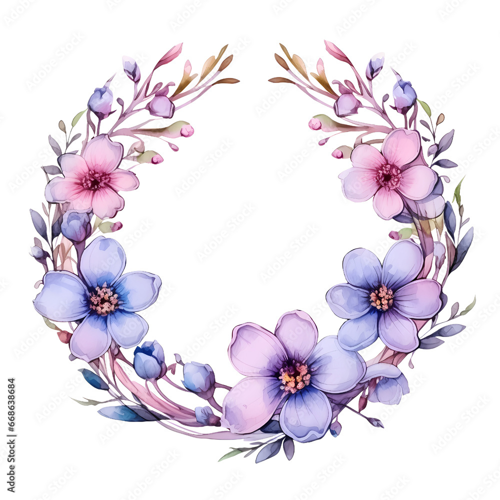 Watercolor circle flower frame-transparent background