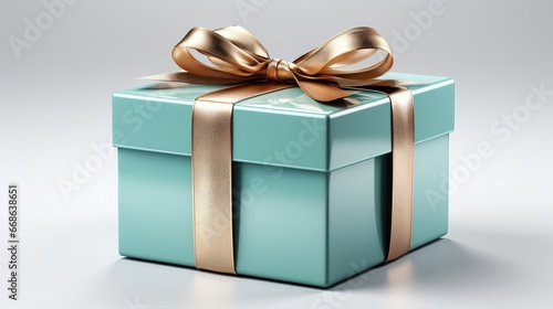 Blue gift box with a blue ribbon on white back. Generative AI. © ProVector