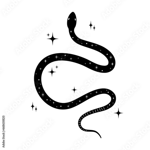 Abstract celestial snake tattoo. Black serpent silhouette with stars. Magic animal symbol. Esoteric, witchcraft design. Vector illustration