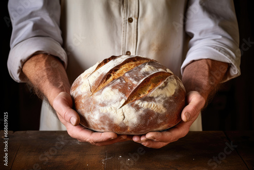 Close-up of a man holding loaf of freshly baked home made bread