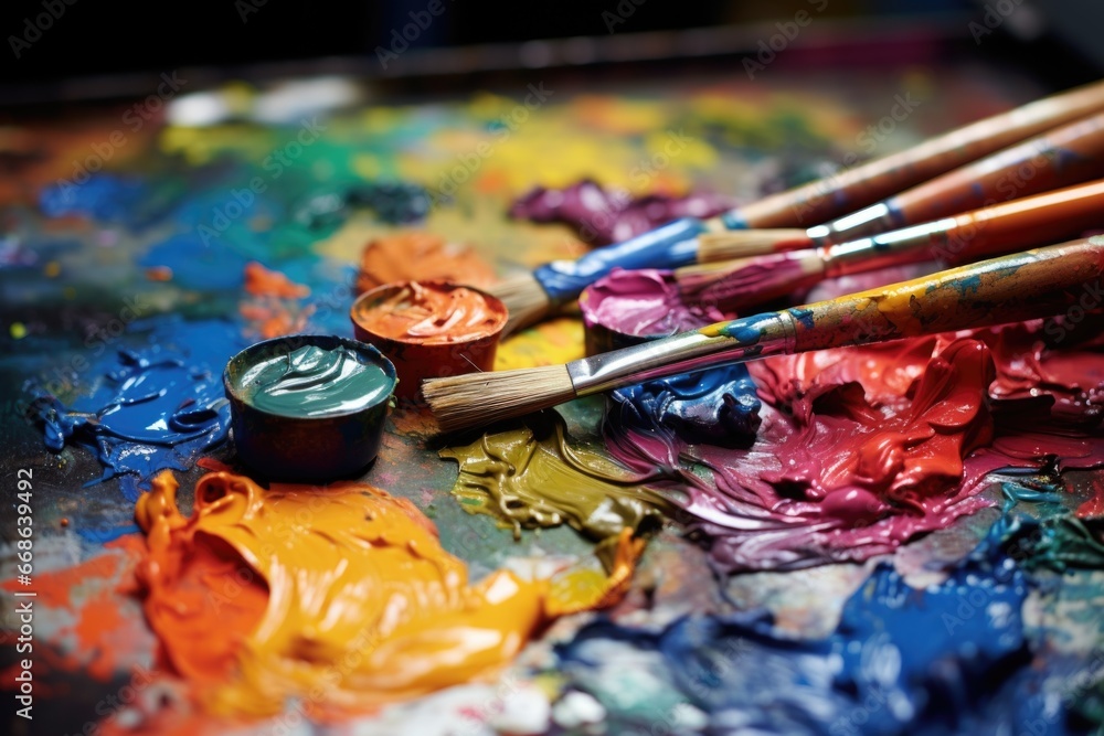 paintbrushes laying on a palette full of colorful paints paintbrushes laying on a palette full of colorful paints