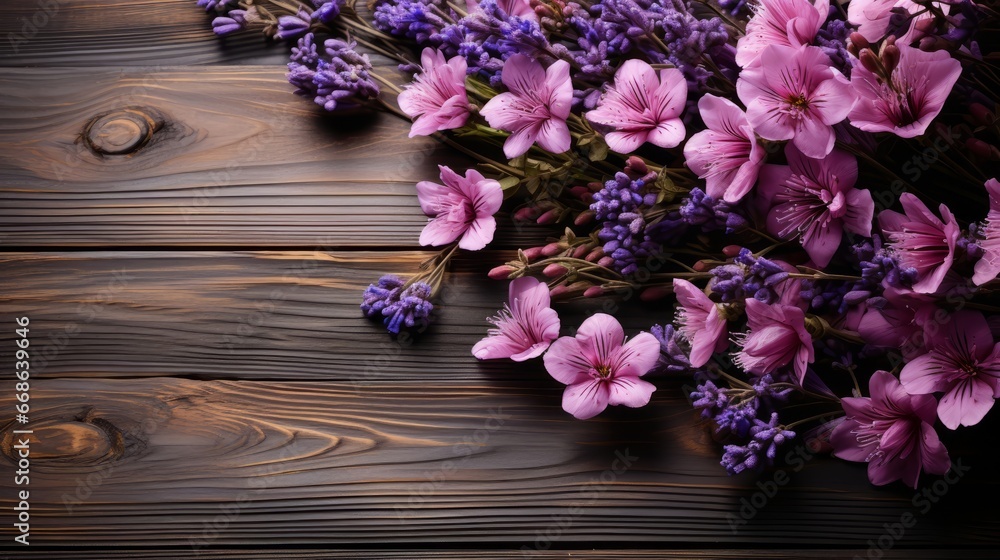 Bouquet of purple flowers on empty wooden surf. Generative AI.