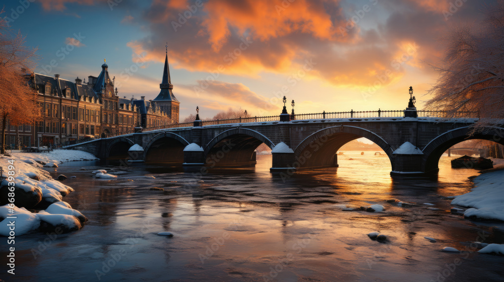 Beautiful winter view of the bridge over the Seine river in Paris, France.