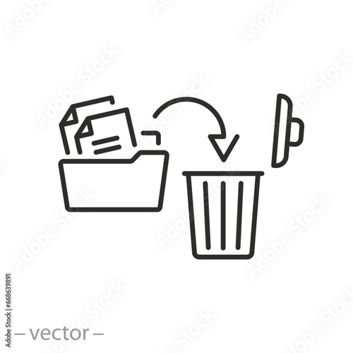 delete data icon, document folder with trash can, information send to trash bin, thin line symbol on white background - editable stroke vector illustration