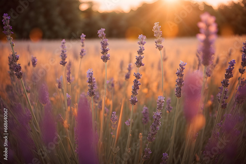 Golden hour over meadow of lavender, Depth of field, copy space. Generative ai