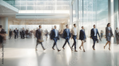 Long exposure shot of crowd of business people walking in bright office lobby fast moving with blurry, generative ai © pawczar