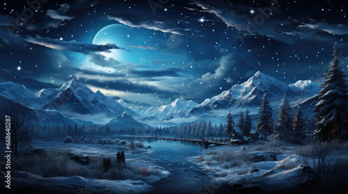 Fantasy winter landscape with snowy mountains and wooden bridge. Illustration.