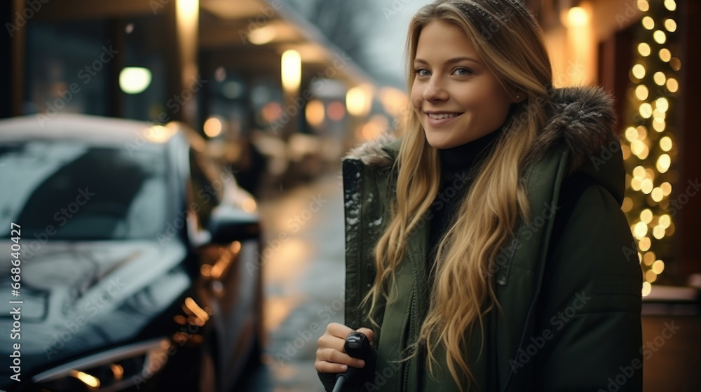 Beautiful young woman with keys of car in a warm jacket on the background of the night city in winter. Beautiful young woman with keys of car in a warm jacket on the background of the night city in winter.