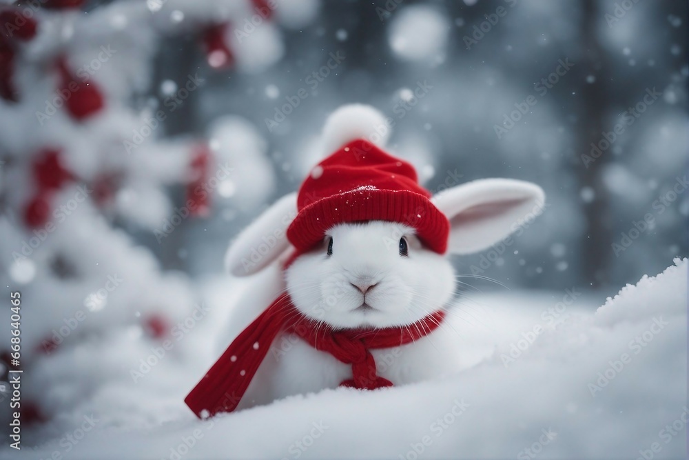 white fluffy bunny wearing a Christmas dress with red cap in a snow, blurry background with beautiful season. white fluffy bunny wearing a Christmas dress with red cap in a snow, blurry background with beautiful season.