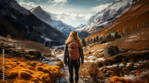 Hiking woman with backpack on a trail in the Swiss Alps.