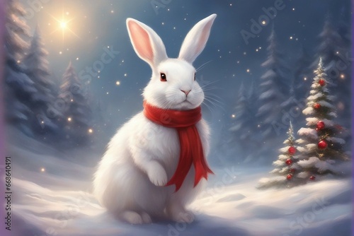 white fluffy bunny wearing a Christmas dress with red cap in a snow  blurry background with beautiful season.