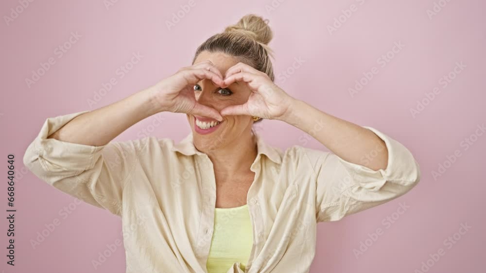 Young blonde woman smiling confident doing heart gesture with hands over eye over isolated pink background Young blonde woman smiling confident doing heart gesture with hands over eye over isolated pink background