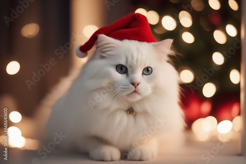 white fluffy cat wearing a Christmas dress in New York street at night.