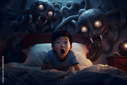Scared Asian boy screaming in bed while sleeping in at night in the house because of monster. Neural network generated image. Not based on any actual person or scene.