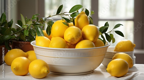 Bowl of lemons in a white and bright kitchen. Generative AI.
