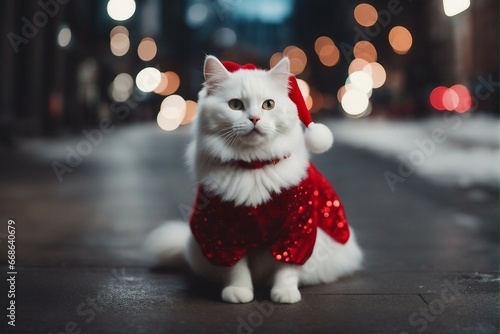 white fluffy cat wearing a Christmas dress in New York street at night. photo