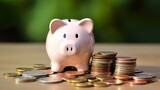 Piggy Bank with Coins - Savings and Financial Investment Concept on a Blurred Background