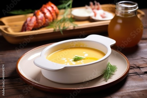 dishing lobster bisque into white, rimmed bowl on rustic table