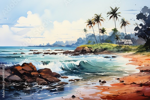Painting watercolor seascape top view colorful of family painting of sunset at tropical beach coconut Generative AI photo