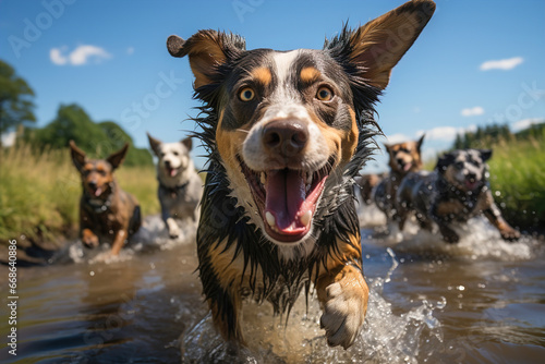 A group of dogs running through a water. photo