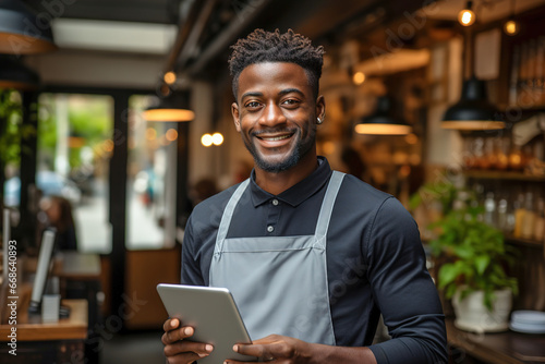 A man restaurant owner holding a tablet in front of restaurant. Small business concept. photo