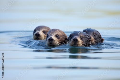 a group of playful sea otters floating on their backs photo