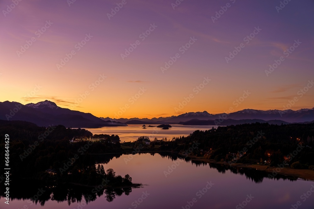 Scenic view of San Carlos de Bariloche, Nahuel Huapi Lake, Argentina after sunset.