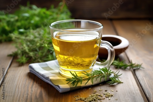 freshly brewed calming herbal tea on a desk