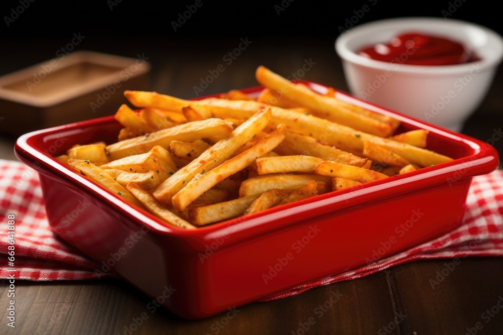 french fries in red, rectangular container french fries in red, rectangular container