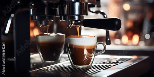 Coffee machine pouring coffee, Cup of coffee being drained by espresso brewing machine, A cup of espresso coffee is being poured into two cups. GENERATIVE AI 