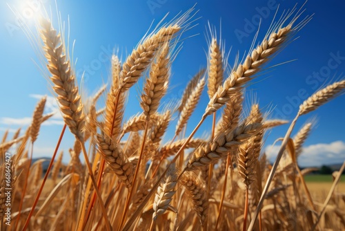 Ripe golden ears of wheat in the field on a background of blue sky with clouds. Rich harvest Concept. Agriculture concept with a copy space.