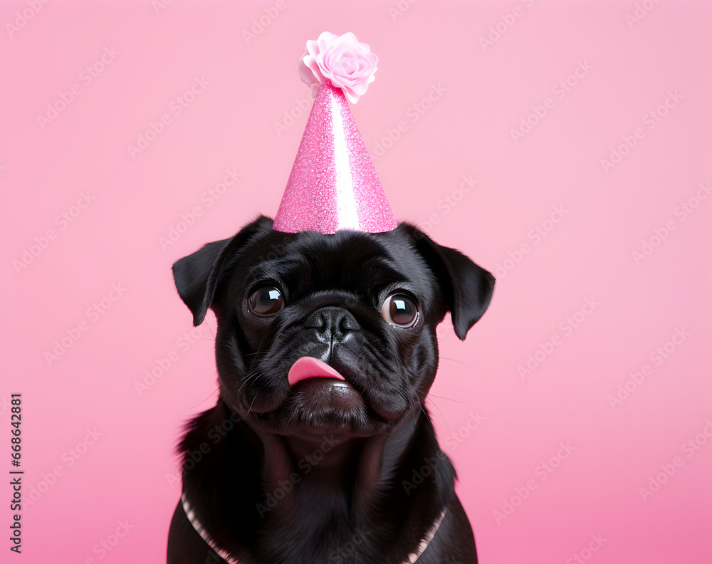 Pequeño pug negro con un gorro de perro de cumpleaños.