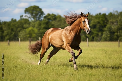 old horse galloping in lush pasture