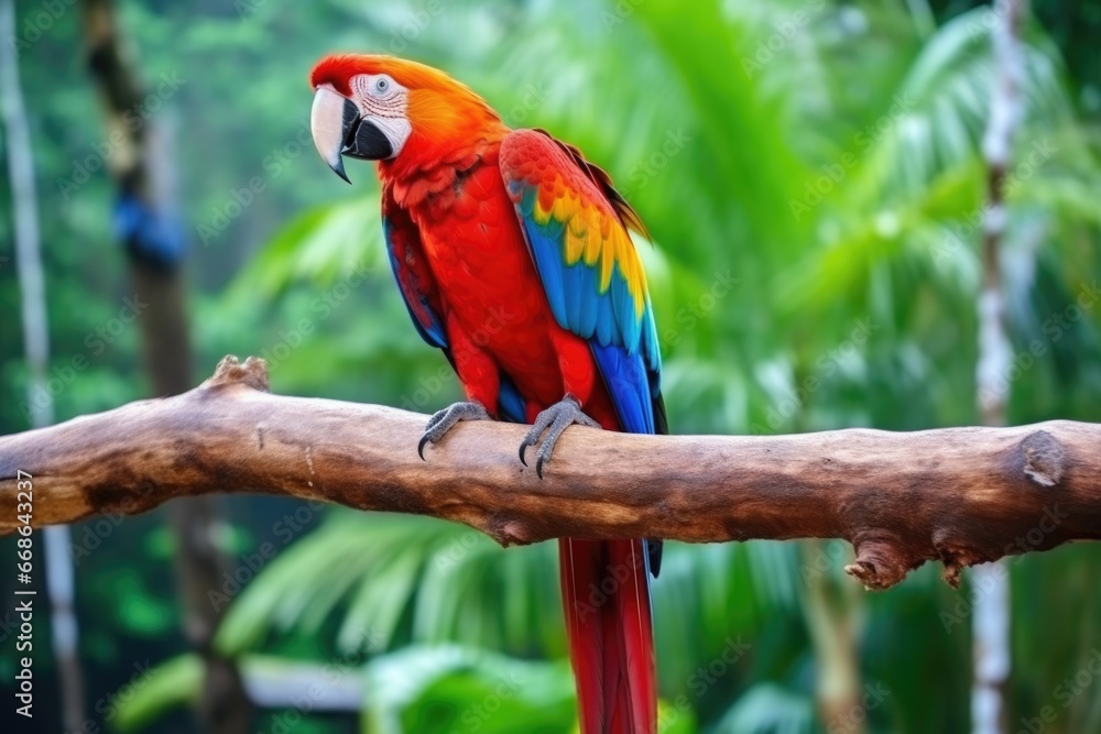 rainbow scarlet macaw perched on a branch in a jungle