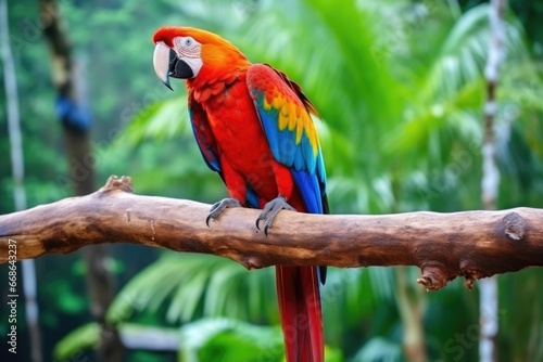 rainbow scarlet macaw perched on a branch in a jungle