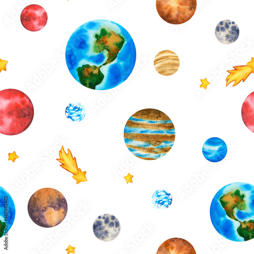 Seamless pattern galaxy with planets. Clip art solar system: sun, earth, moon, mercury, asteroid, jupiter, mars, saturn, venus, uranus, in space. Watercolor Illustration of outer space with stars